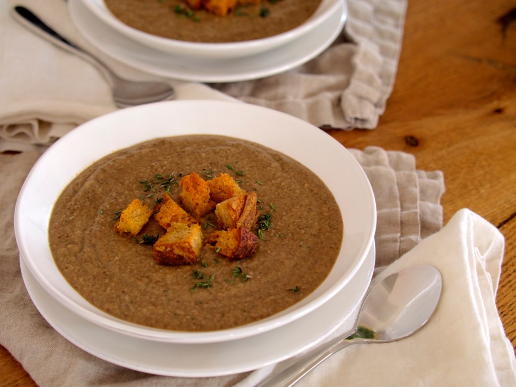 Mushroom Thyme Soup with Whole Wheat Croutons